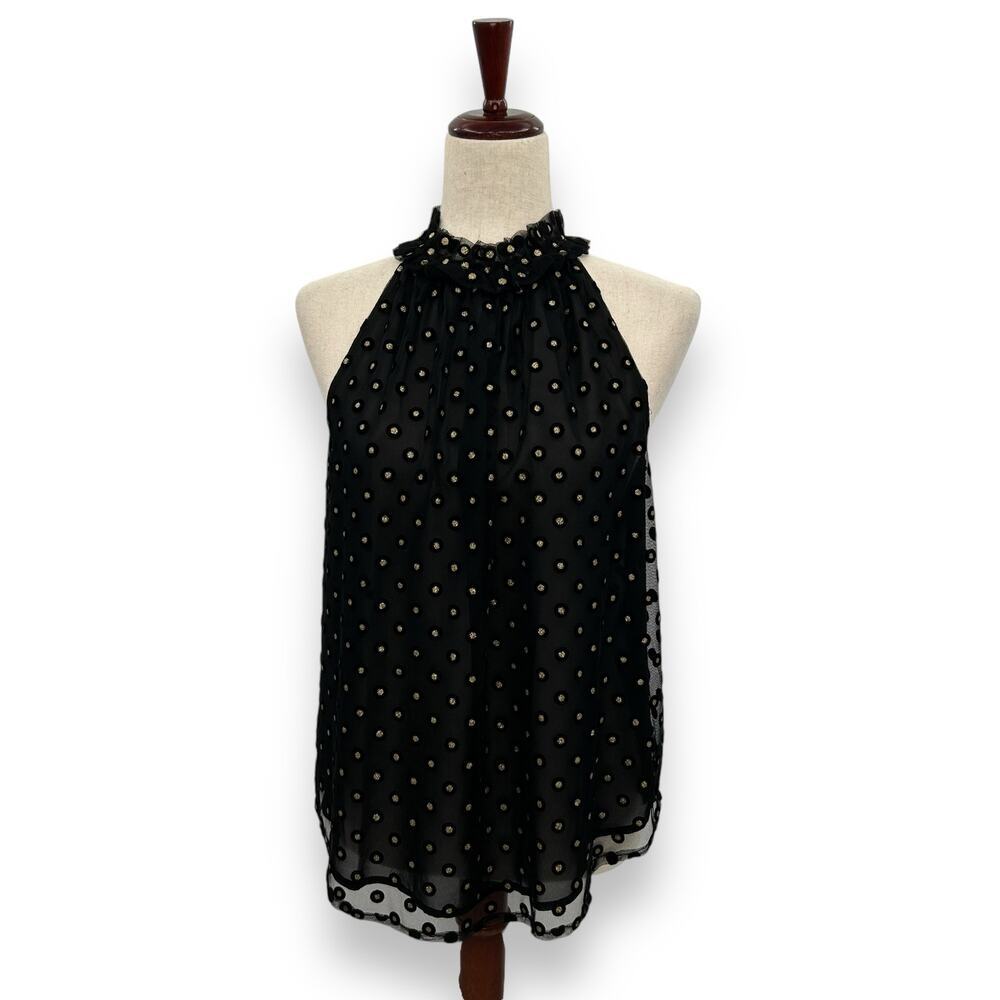 LOFT Black & Gold Polka Dot Velvet Detail Sleeveless Blouse | Size Small | NWT - Picture 3 of 13